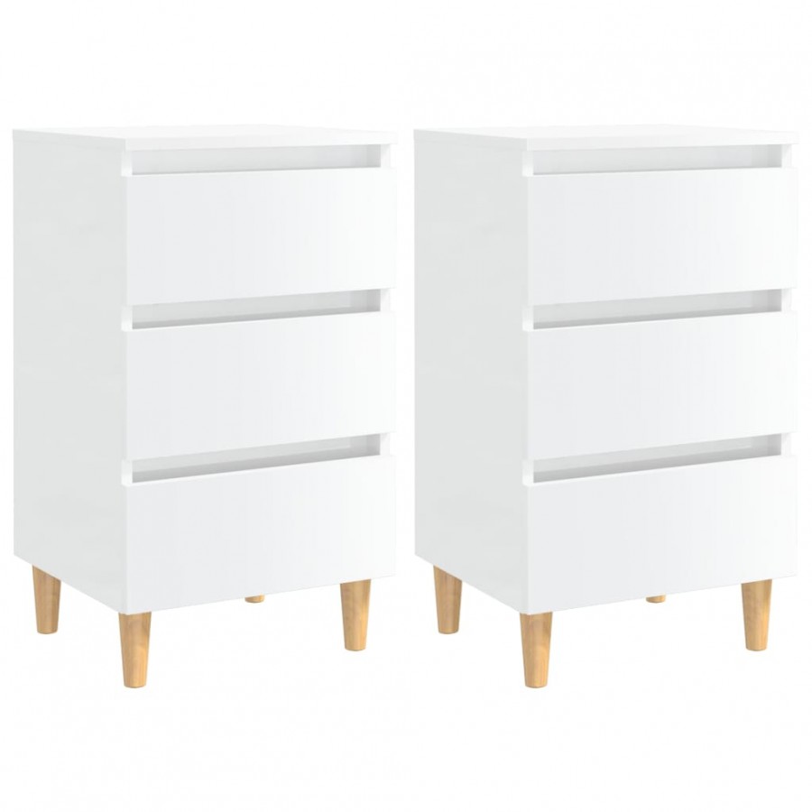 Tables de chevet pieds en bois 2 pcs Blanc brillant 40x35x69 cm