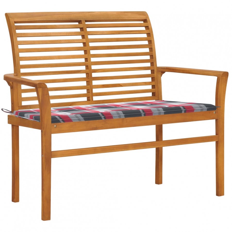 Banc de jardin avec coussin à carreaux rouge 112 cm Teck massif