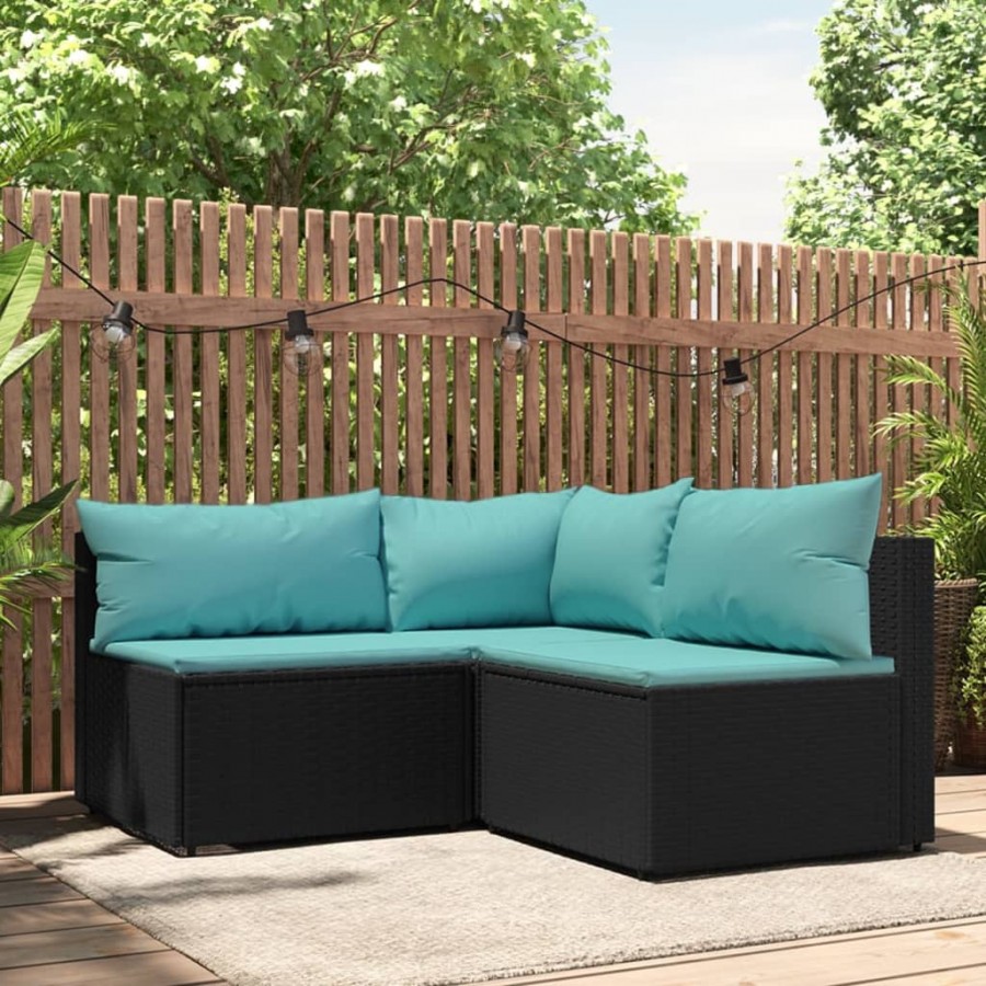 Salon de jardin 3 pcs avec coussins Noir Résine tressée