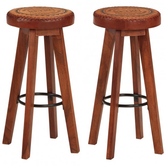 Tabourets de bar 2 pcs Cuir véritable et bois d'acacia solide