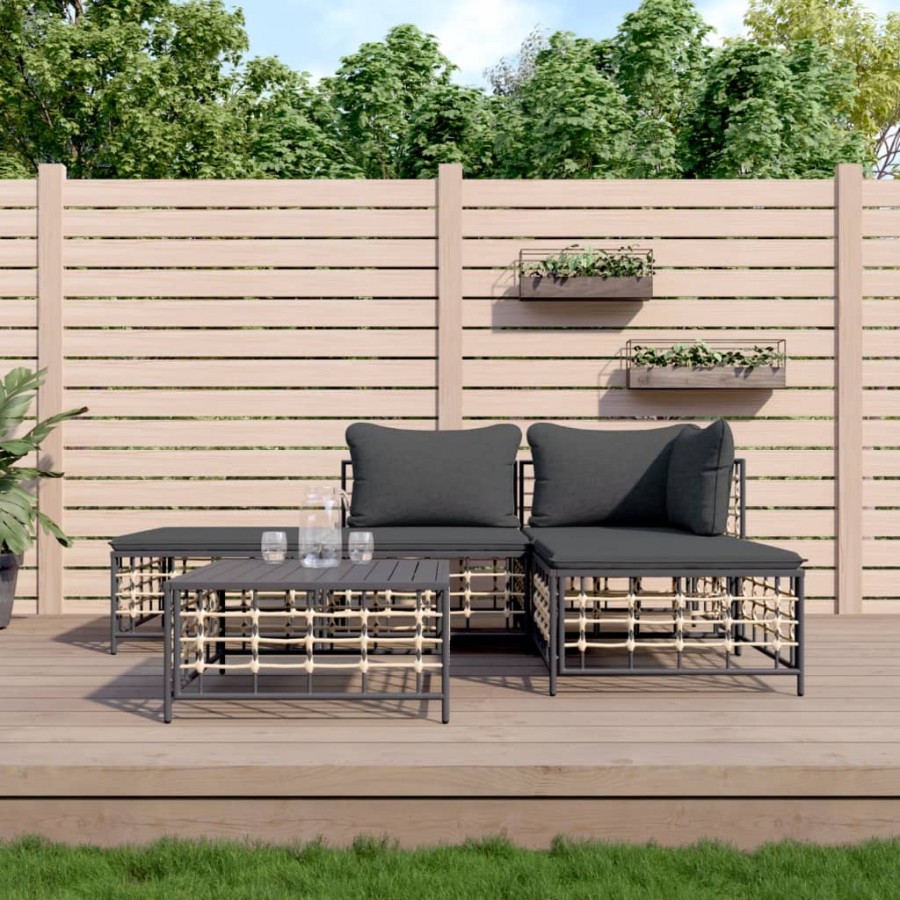 Salon de jardin 5 pcs avec coussins anthracite résine tressée