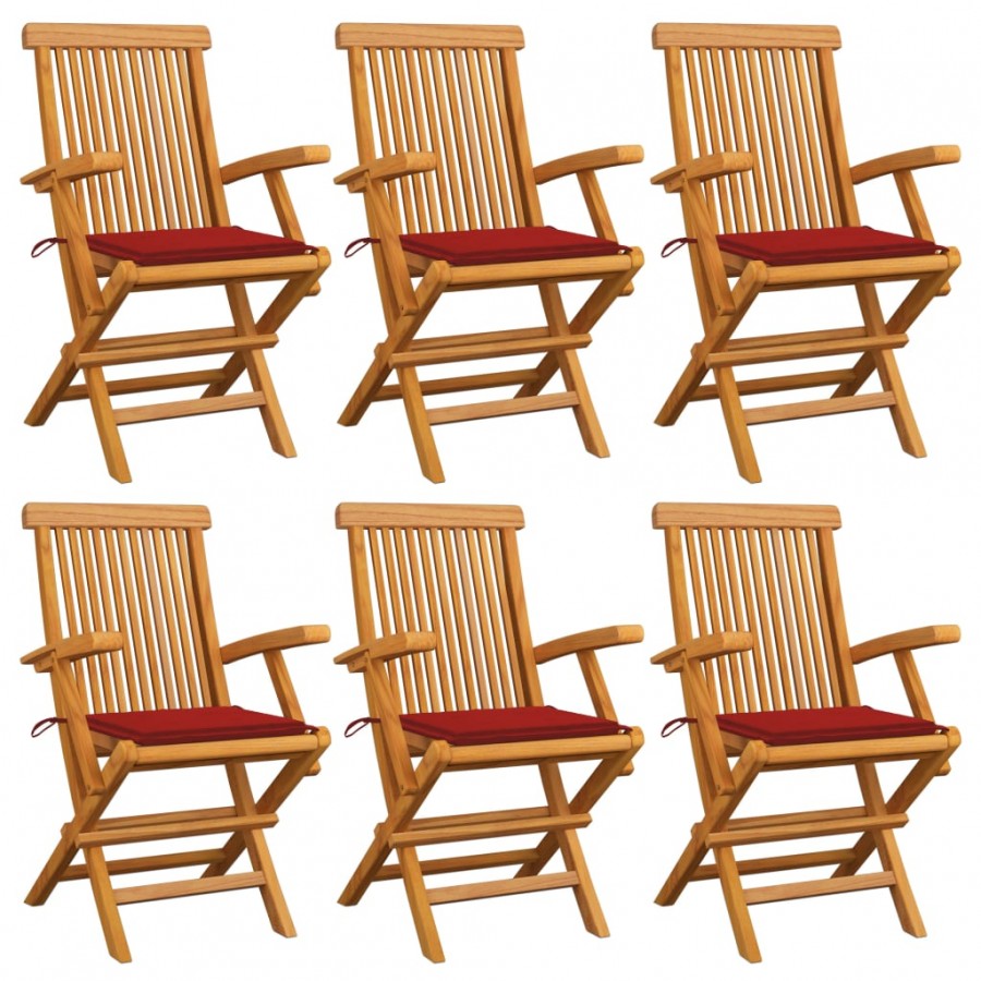 Chaises de jardin avec coussins rouge 6 pcs Bois de teck massif