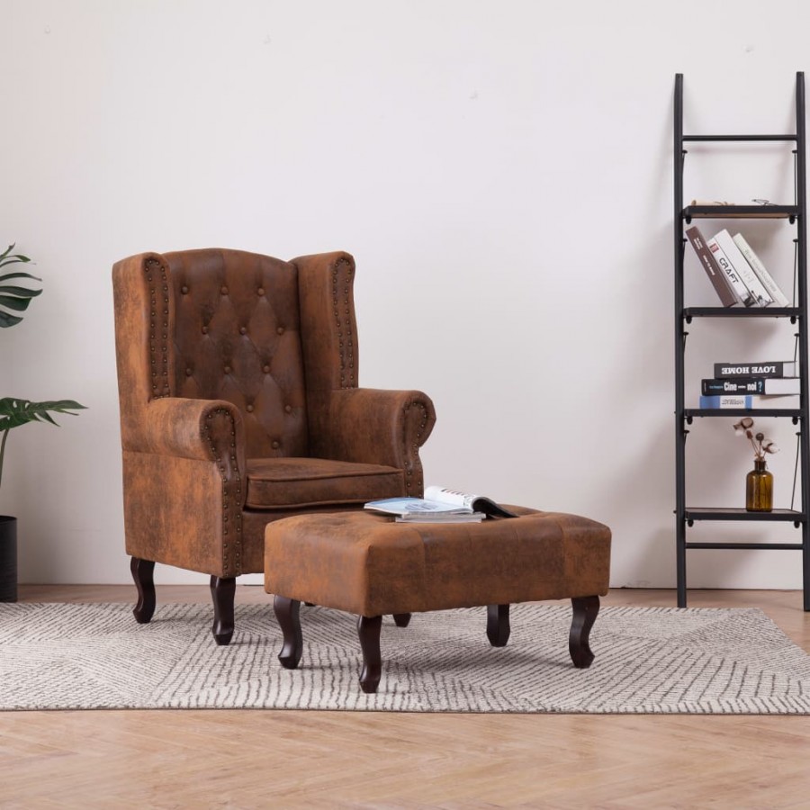 Fauteuil Chesterfield et repose-pieds Marron Similicuir daim