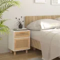 Tables de chevet 2pcs Blanc Bois de pin massif et rotin naturel