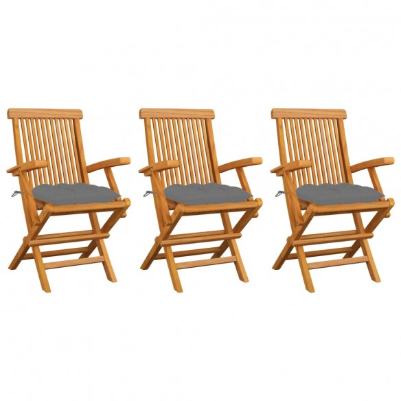 Chaises de jardin avec coussins gris 3 pcs Bois de teck massif