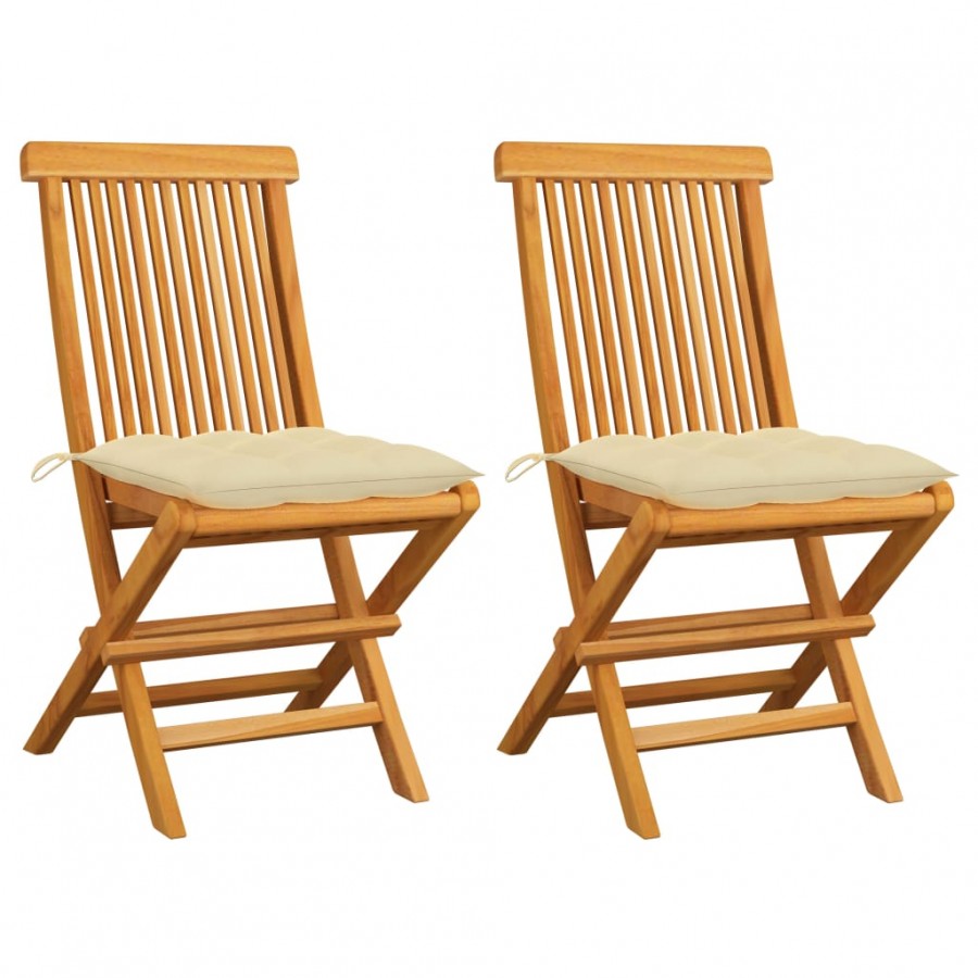 Chaises de jardin 2 pcs avec coussins blanc crème Teck massif