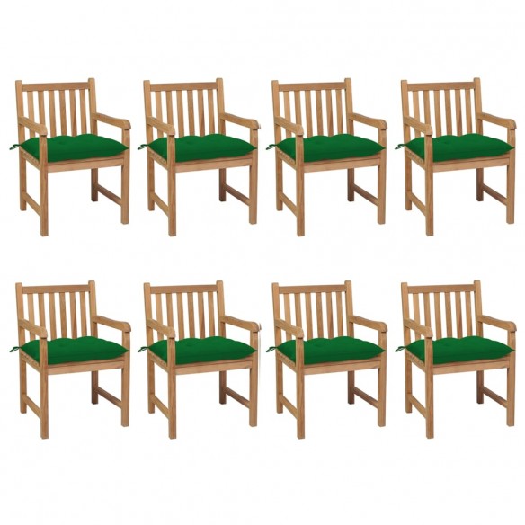 Chaises de jardin 8 pcs avec coussins vert Bois de teck solide