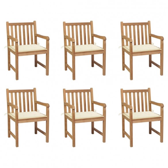 Chaises de jardin 6 pcs avec coussins crème Bois de teck massif