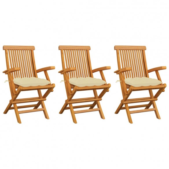 Chaises de jardin avec coussins blanc crème 3 pcs Teck massif