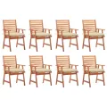 Chaises à dîner d'extérieur 8 pcs avec coussins Acacia massif