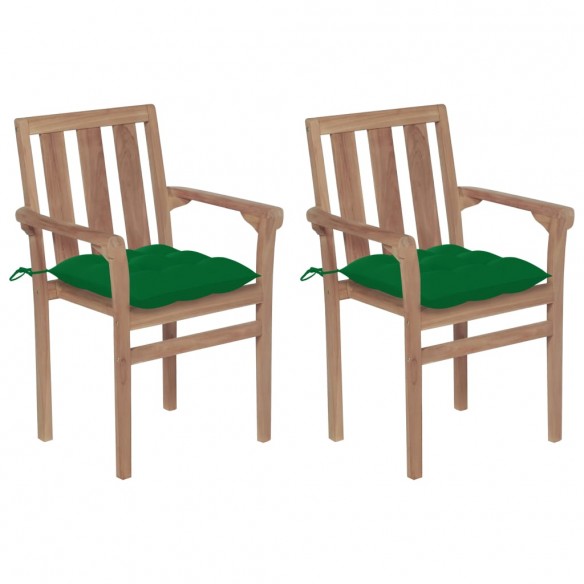 Chaises de jardin 2 pcs avec coussins vert Bois de teck massif