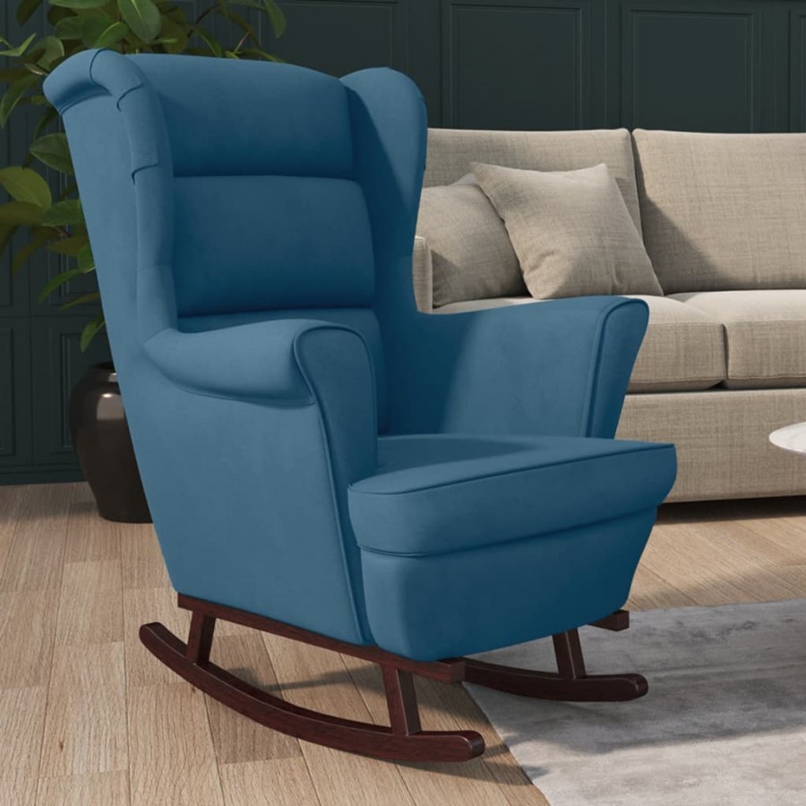 Fauteuil à bascule et pieds en bois massif d'hévéa Bleu Velours