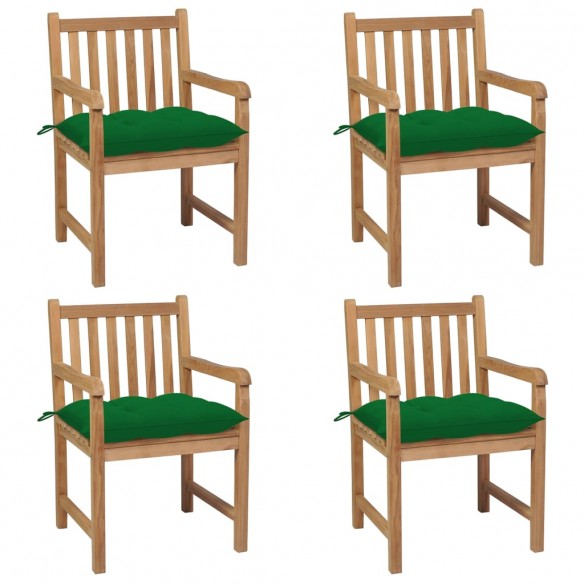 Chaises de jardin 4 pcs avec coussins vert Bois de teck solide