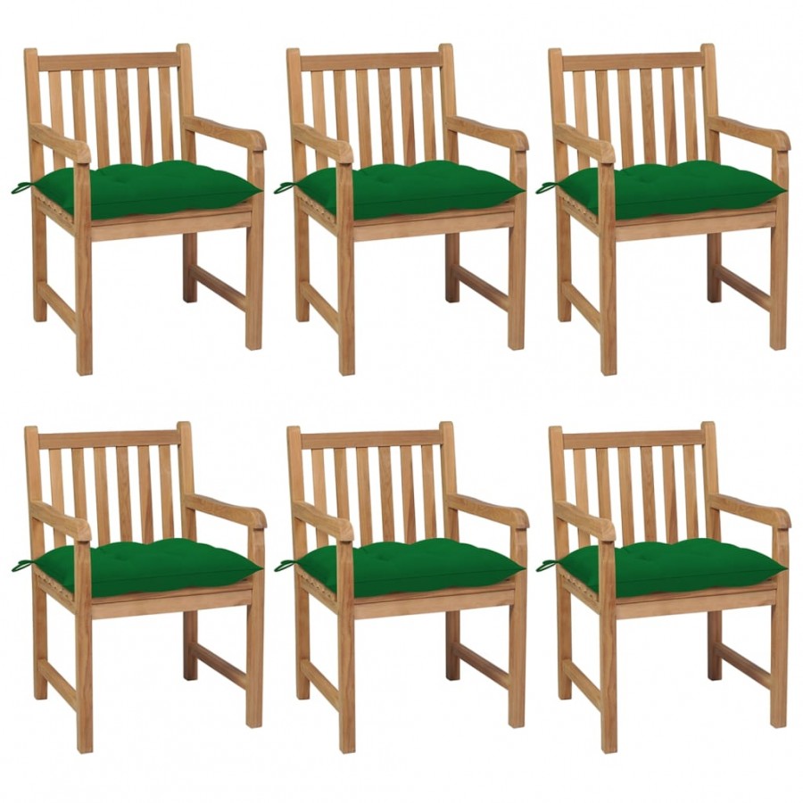 Chaises de jardin 6 pcs avec coussins vert Bois de teck solide