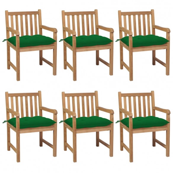 Chaises de jardin 6 pcs avec coussins vert Bois de teck solide