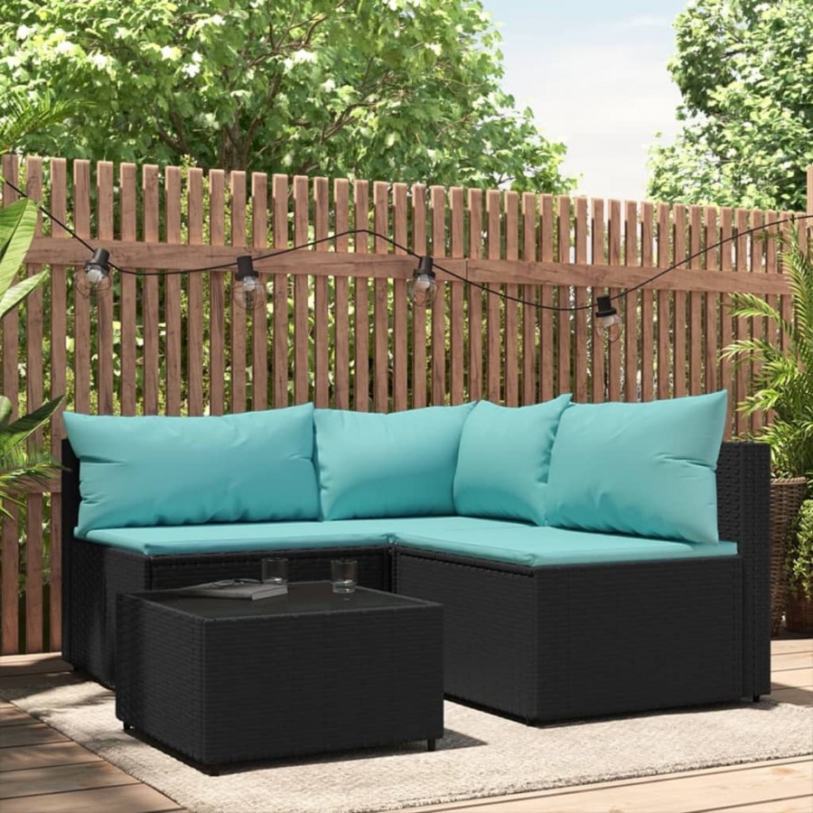 Salon de jardin 4 pcs avec coussins Noir Résine tressée