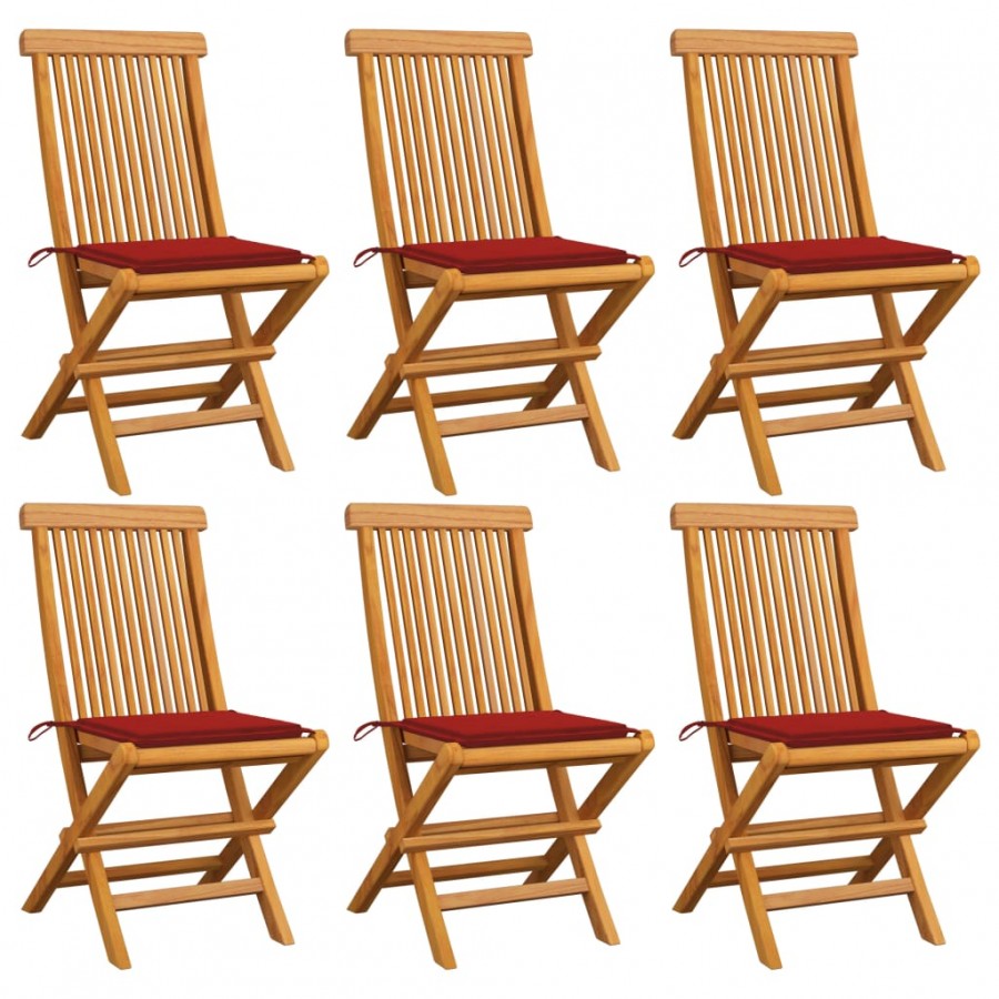 Chaises de jardin avec coussins rouge 6 pcs Bois de teck massif