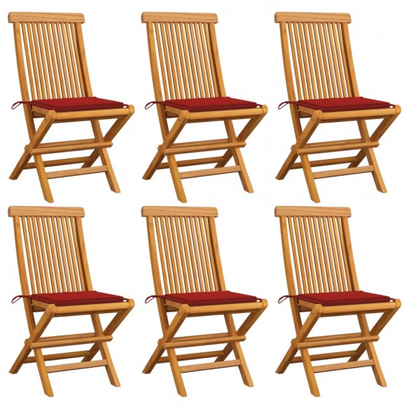 Chaises de jardin avec coussins rouge 6 pcs Bois de teck massif