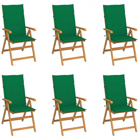 Chaises de jardin 6 pcs avec coussins vert Bois de teck