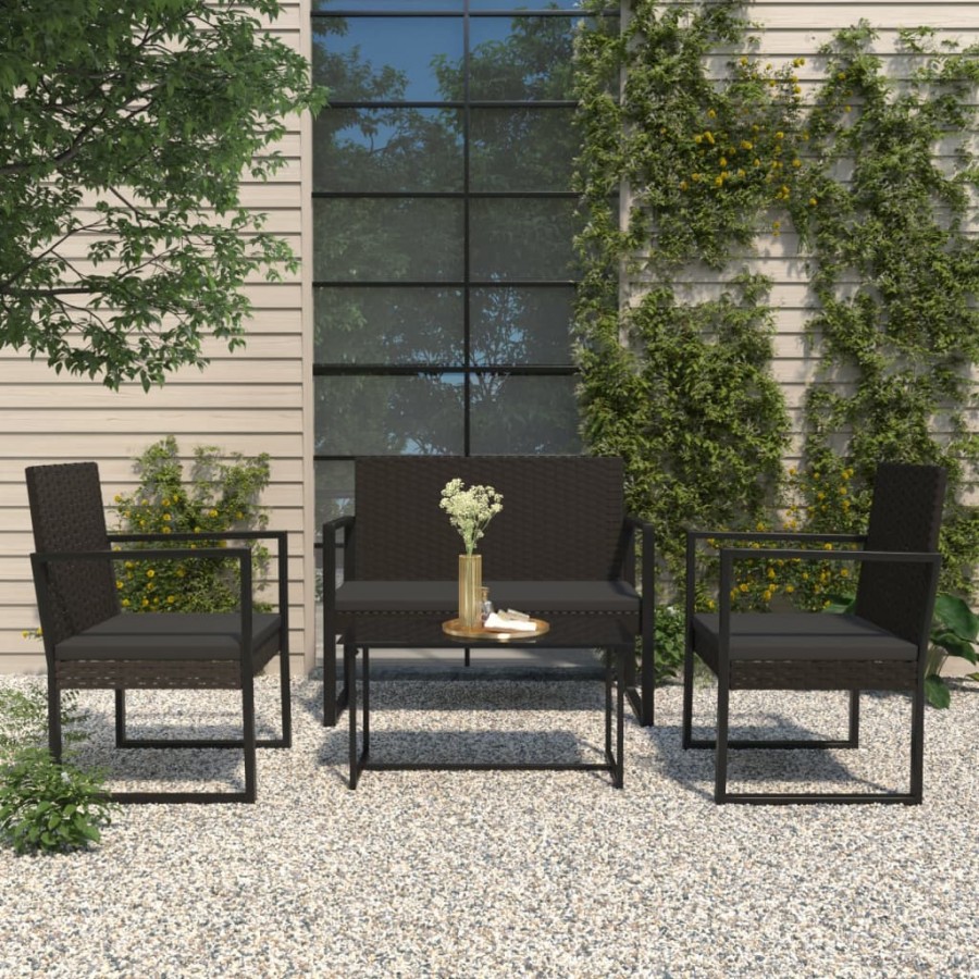 Salon de jardin 4 pcs avec coussins Noir Résine tressée