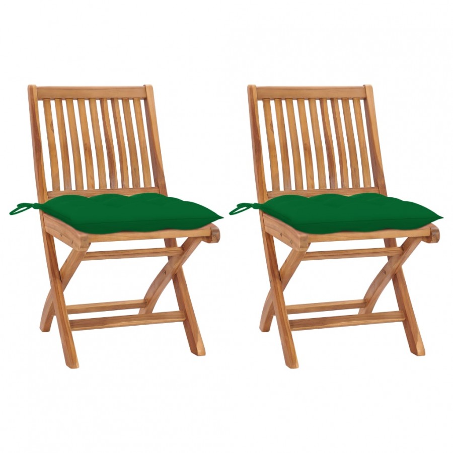 Chaises de jardin 2 pcs avec coussins vert Bois de teck massif