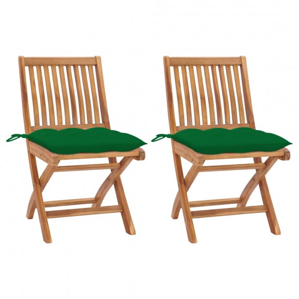 Chaises de jardin 2 pcs avec coussins vert Bois de teck massif