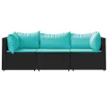 Salon de jardin 3 pcs avec coussins Noir Résine tressée
