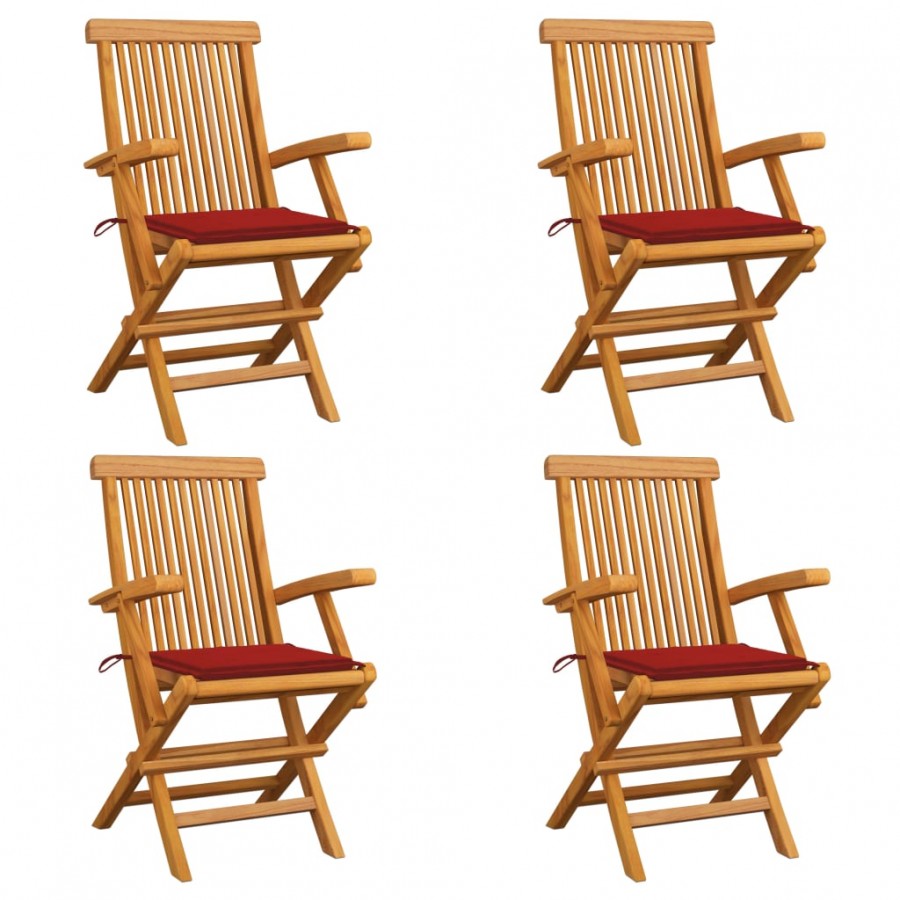 Chaises de jardin avec coussins rouge 4 pcs Bois de teck massif