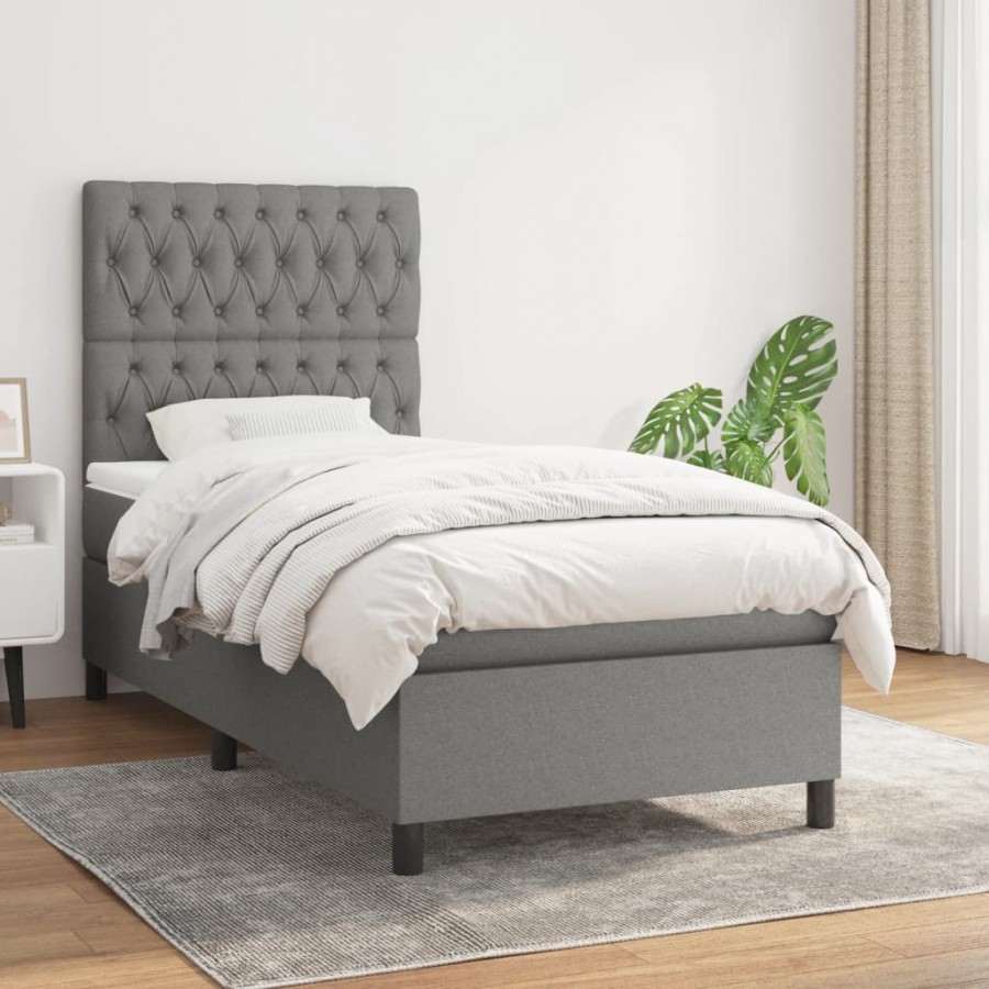 cadre de lit avec matelas Gris foncé 100x200cm Tissu