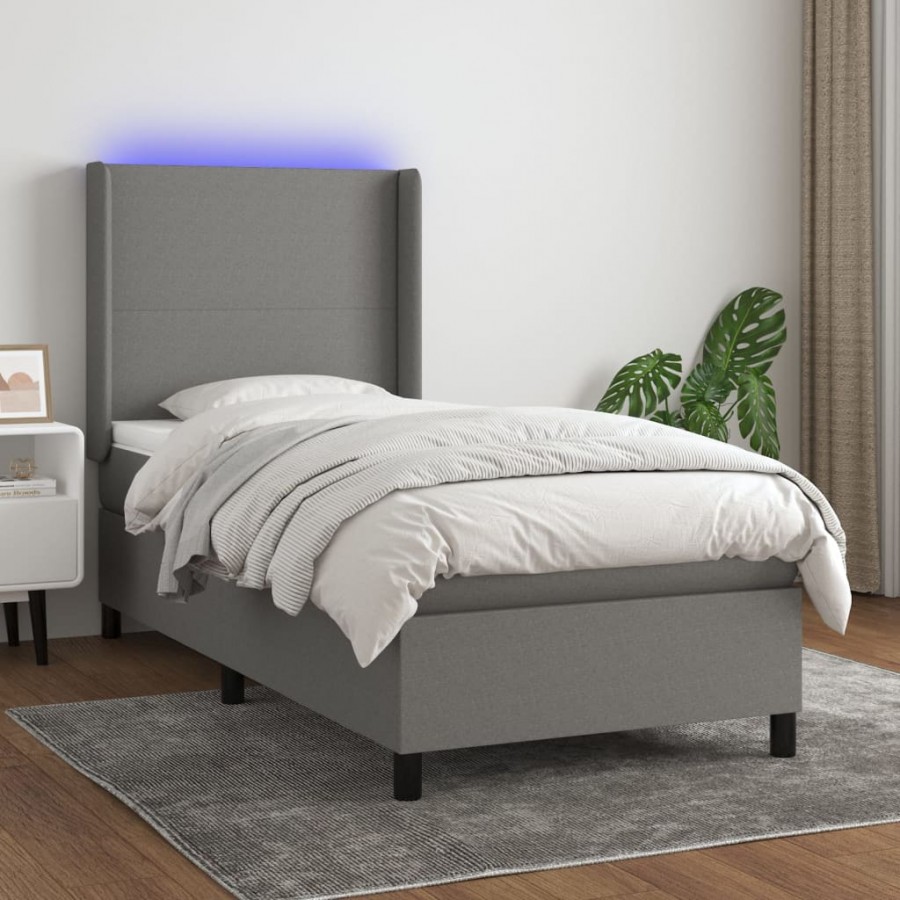 cadre de lit matelas LED Gris foncé 100x200 cm Tissu