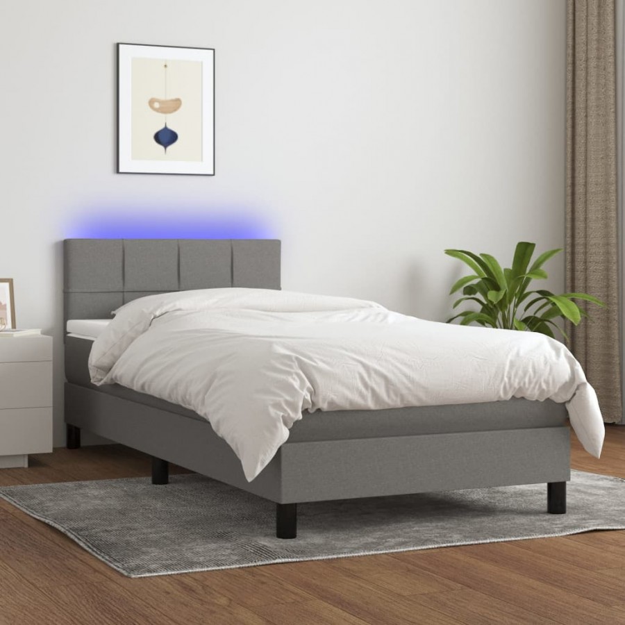 Sommier à lattes de lit avec matelas et LED Gris foncé 90x190cm