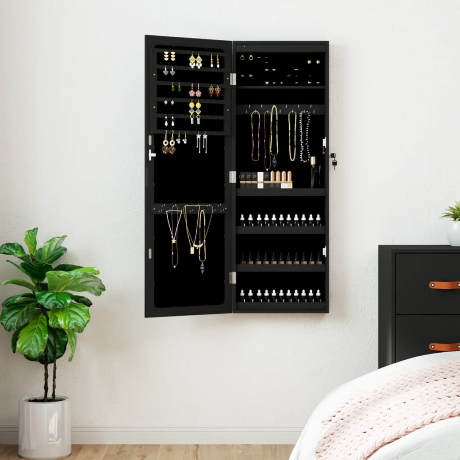 Armoire à bijoux avec miroir et éclairage LED mural noir