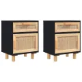 Tables de chevet 2 pcs Noir Bois de pin massif et rotin naturel