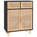Buffet Noir 60x30x75 cm Bois de pin massif et rotin naturel