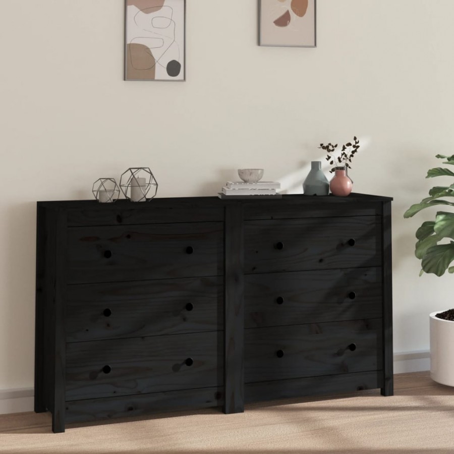 Buffet Noir 140x35x80 cm Bois massif de pin