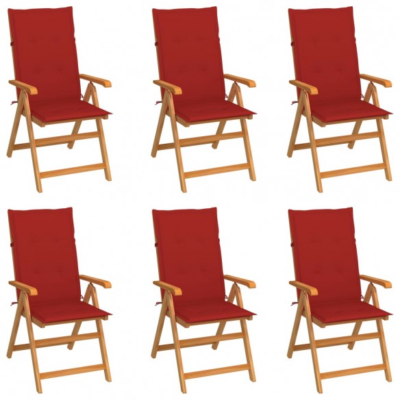 Chaises de jardin 6 pcs avec coussins rouge Bois de teck