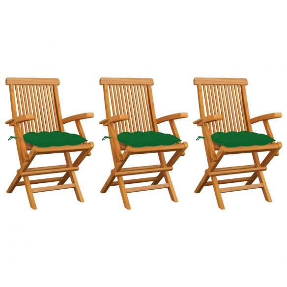 Chaises de jardin avec coussins vert 3 pcs Bois de teck massif