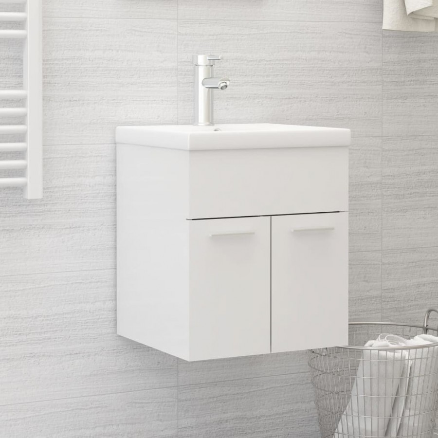 Armoire d'évier avec lavabo intégré Blanc brillant Aggloméré