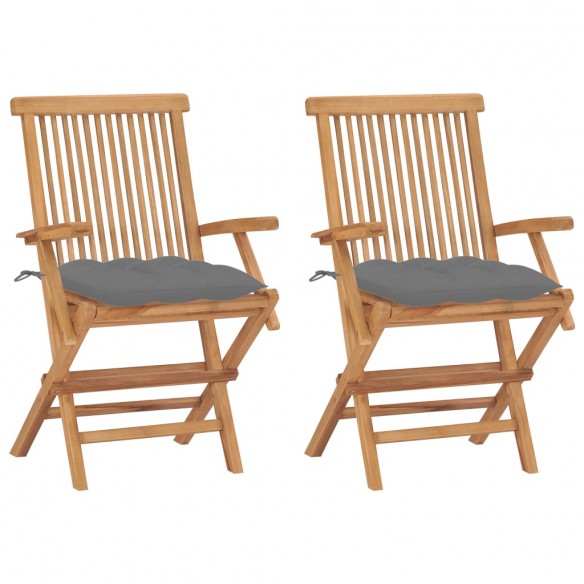 Chaises de jardin avec coussins gris 2 pcs Bois de teck massif