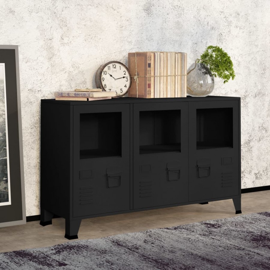 Buffet industriel Noir 105x35x62 cm Métal et verre