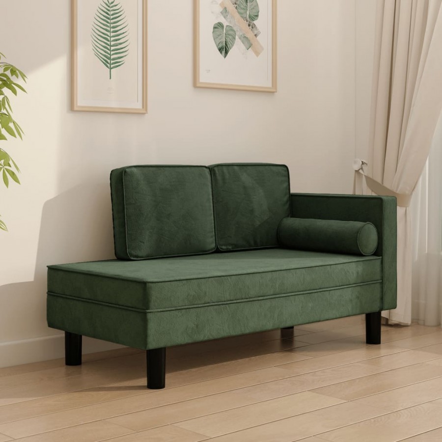 Chaise longue avec coussins et traversin vert foncé velours