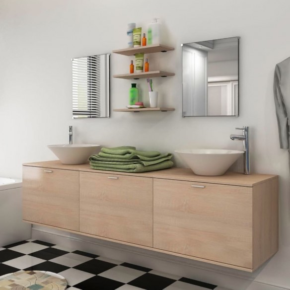 8 pièces de mobilier de salle de bain et lavabo Beige