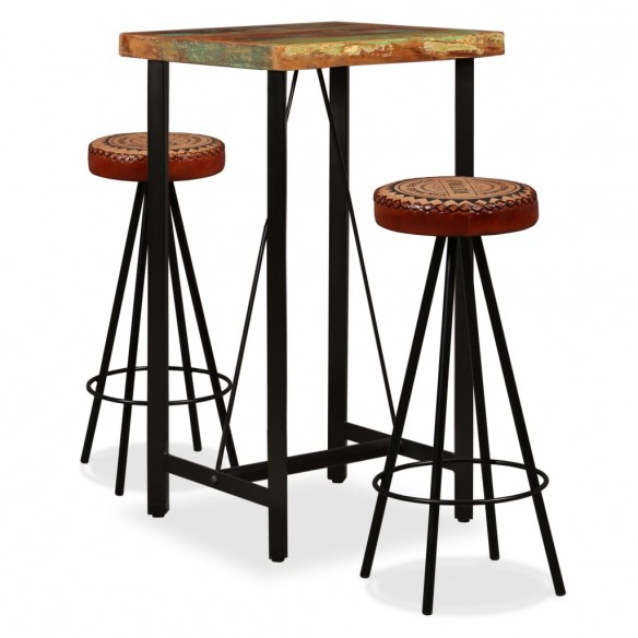 Ensemble de bar 3 pcs Bois de récupération Cuir véritable et toile