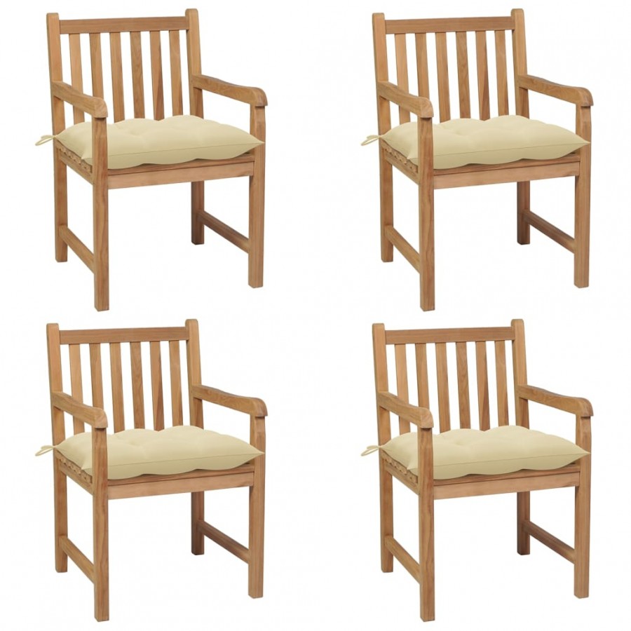 Chaises de jardin 4 pcs avec coussins blanc crème Teck solide