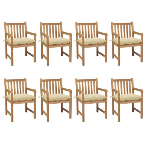 Chaises de jardin 8 pcs avec coussins blanc crème Teck solide