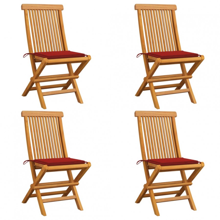 Chaises de jardin avec coussins rouge 4 pcs Bois de teck massif