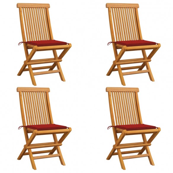 Chaises de jardin avec coussins rouge 4 pcs Bois de teck massif