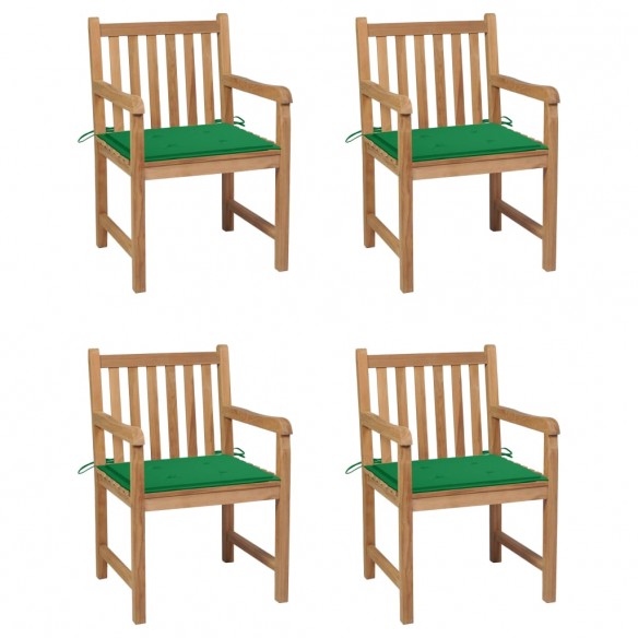 Chaises de jardin 4 pcs avec coussins vert Bois de teck solide