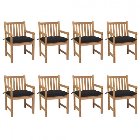 Chaises de jardin 8 pcs avec coussins noir Bois de teck solide