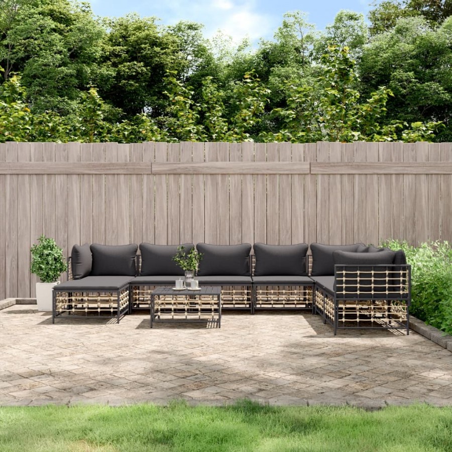 Salon de jardin 9 pcs avec coussins anthracite résine tressée